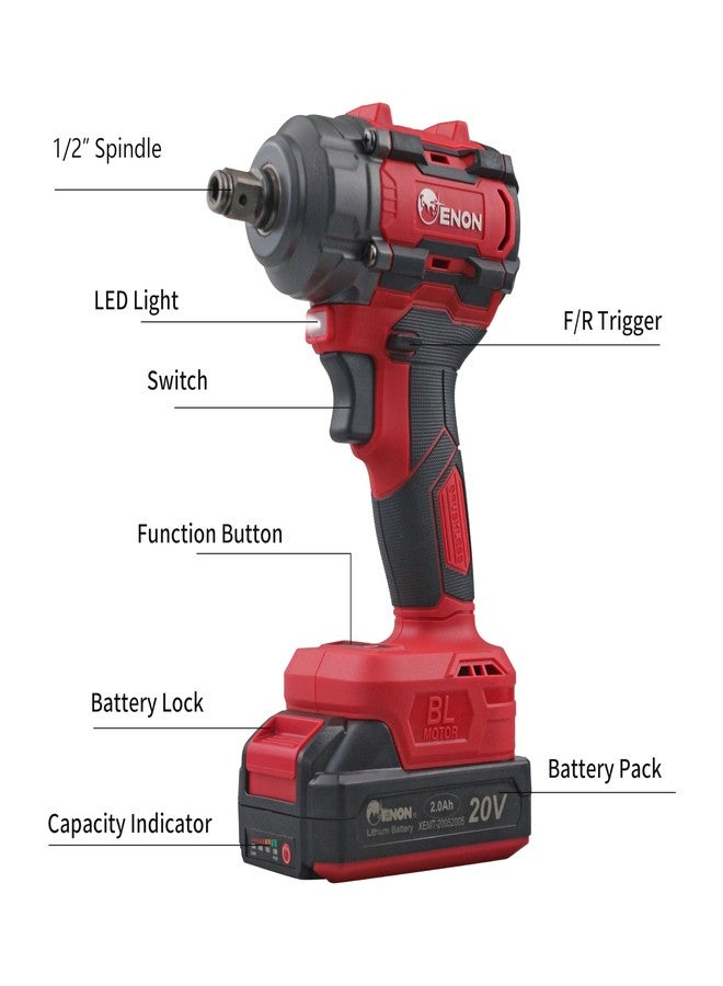 Enon 20v Impact Wrench Cordless Kit, 300Nm Torque, Powerful Motor, 2xLi-ion 2.0Ah Batteries, 5 Wrench Sockets, F/R, Brushless, Woodworking Tool, Drill, Screwdriver - 6 Month Warranty (XE-BL2031) - Image 5